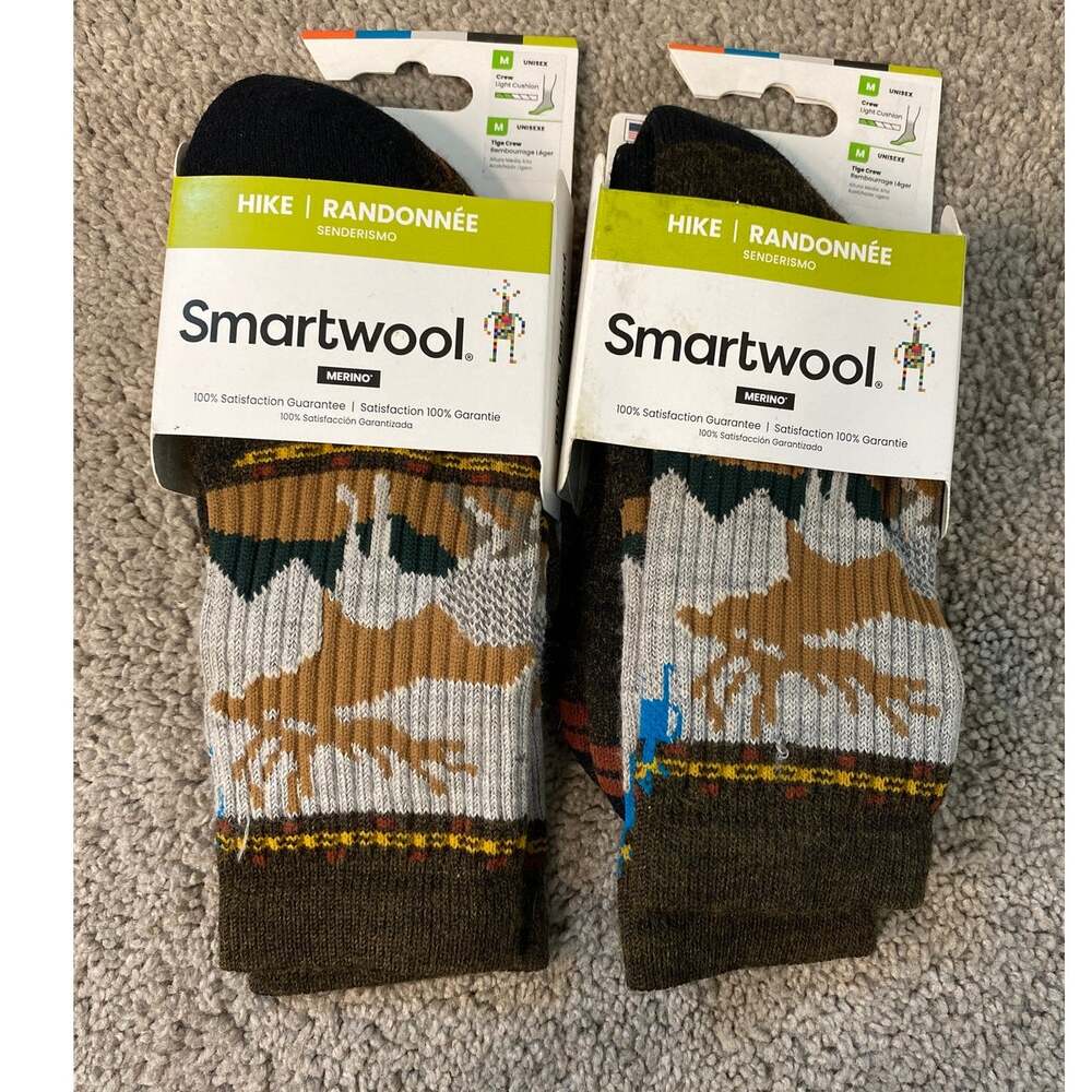 New Smartwool Hike Crew Socks Merino Wool Mountain Print 2 Pairs M